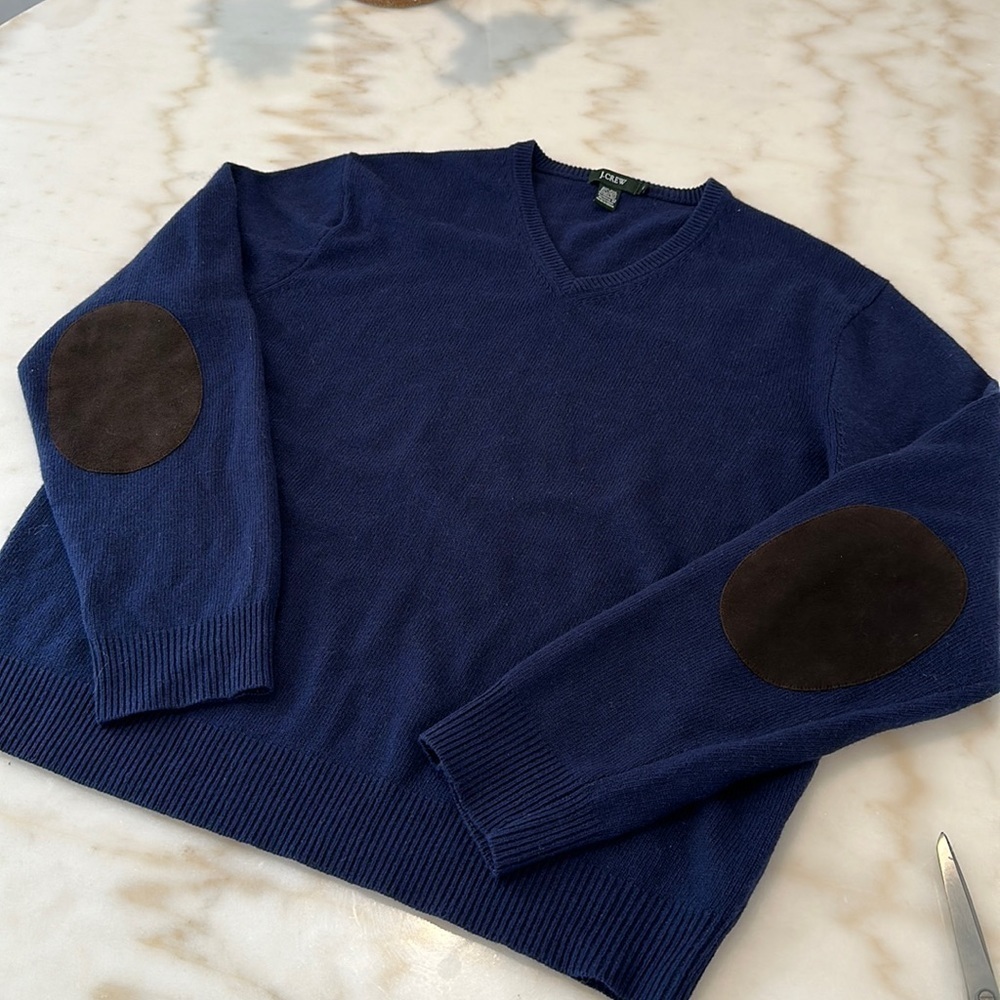 J Crew Navy V-Neck with elbow patches XL